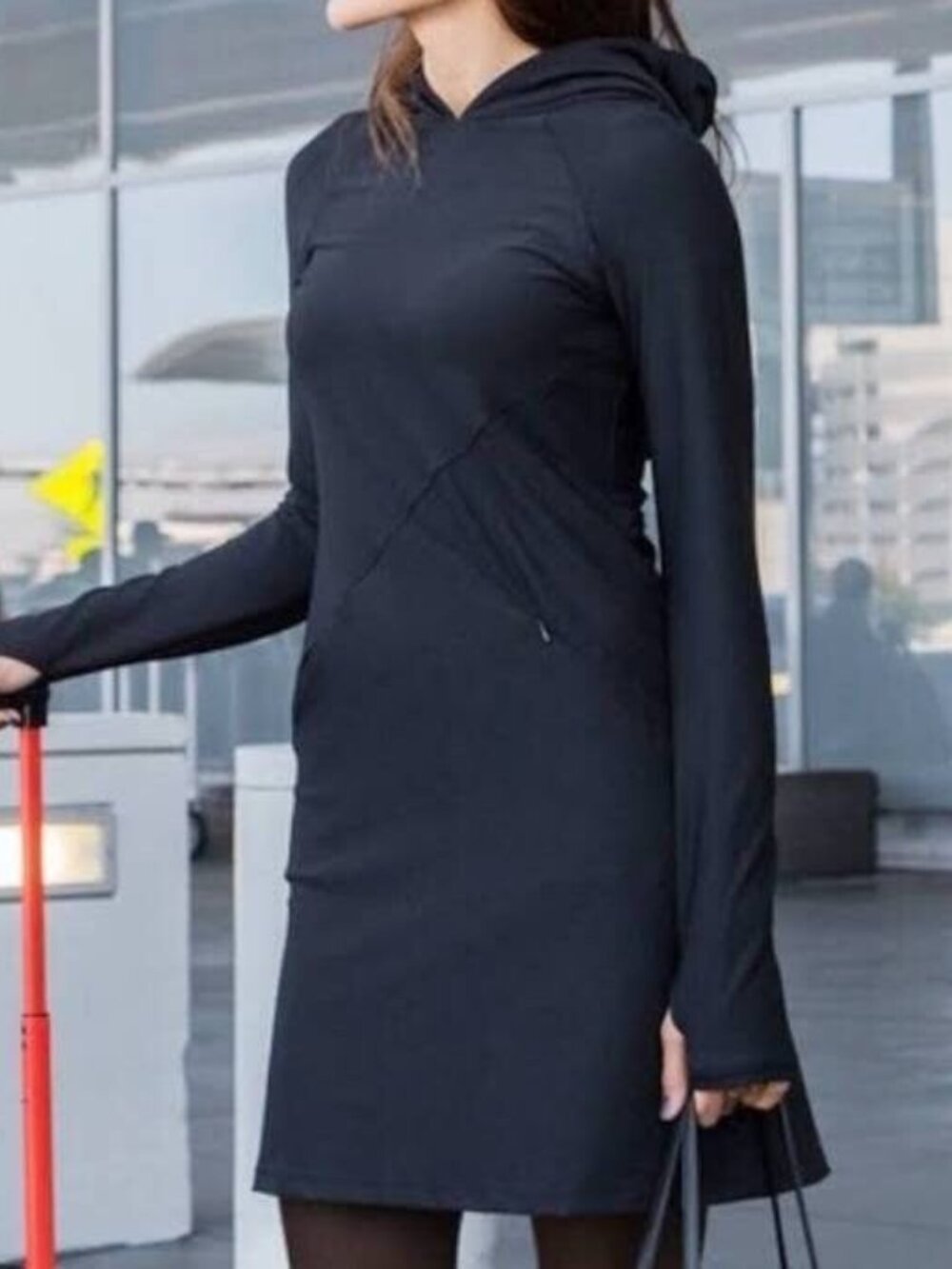 Betabrand Red Eye Hoodie Travel Dress Black Long Sleeve Thumbholes Size XL